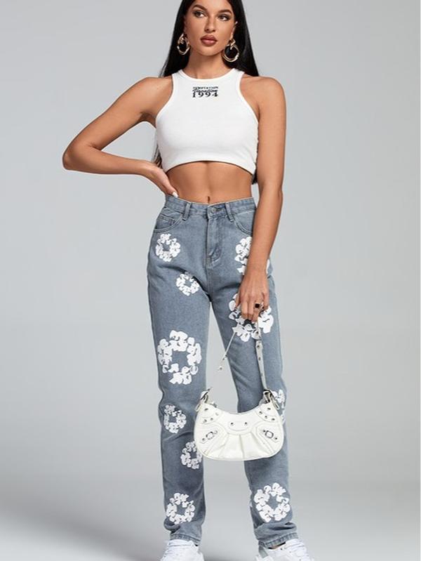 Daisy print high waisted straight Jeans Womenswear Bottom Denim Pants Casual Underwear Lady casual jean