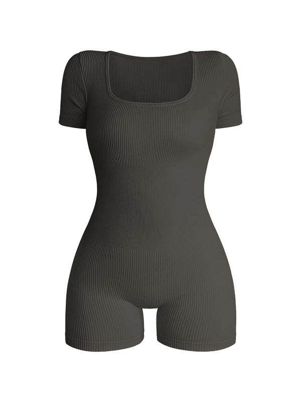 Women's Solid Short Sleeve Sports Bodysuit, Casual Sporty Square Neck Bodycon Bodysuit For Yoga Gym Workout, Ladies Sportswear For All Seasons, Tummy Control