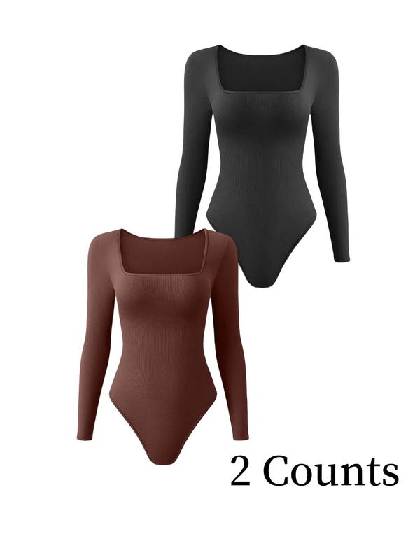 Women's Solid Square Neck Long Sleeve Shapewear Bodysuit, Casual Comfy Tummy Control Shaper for Daily Wear, Ladies Shapewear for All Seasons Longsleeves