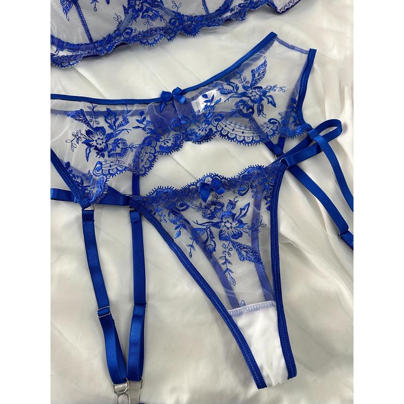 Floral Embroidery Bow Semi Sheer Lingerie Set, Intimates Bra & Thong & Garter Belt, Women's Sexy Lingerie & Underwear thong Fabric Womenswear Print Comfort Polyester Mesh Spaghetti Strap