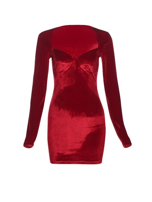 Christmas Deals, Women's Solid Color Velvet Bodycon Dress, Elegant Sweetheart Neck Long Sleeve Short Dress for Party Club Dating Wear, Women's Clothing for Spring & Fall, Christmas 2024 Trend, Fall & Winter Clothes