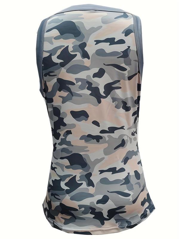 Women's Camo Print Contrast Binding Tank Top, Casual Round Neck Sleeveless Top for Summer, Ladies Clothes for Daily Wear