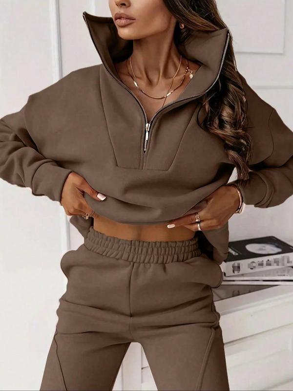 Women's Solid Drop Shoulder Zipper Sweatshirt & Elastic Waist Sweatpants Two-piece Set, Casual Fashion Cozy Two Piece Outfits for Daily Outdoor Wear, Women Clothes for Fall & Winter