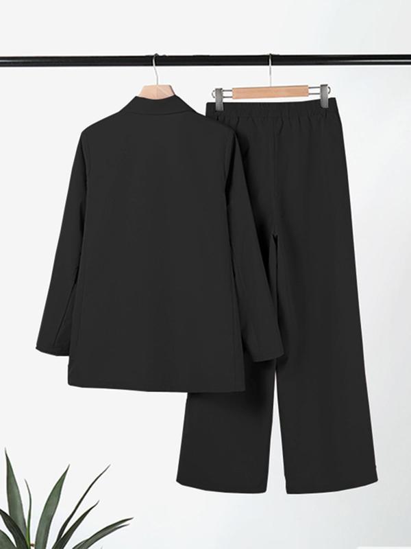 Women's Solid Double Button Lapel Neck Blazer & Pocket Pants Two-piece Set, Elegant Fashion Casual Two Piece Outfits for Work Office Business, Ladies Fall & Winter Clothes