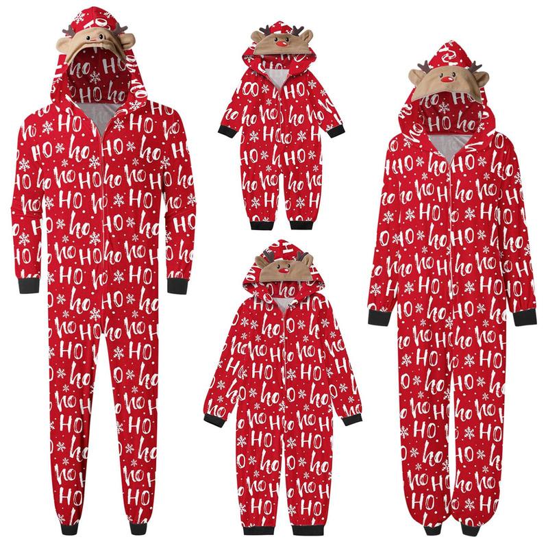 Family Matching Christmas Jumpsuits Pajamas Letter Santa Tree Print Hooded Long Sleeve Playsuits Autumn Zipper Long Rompers