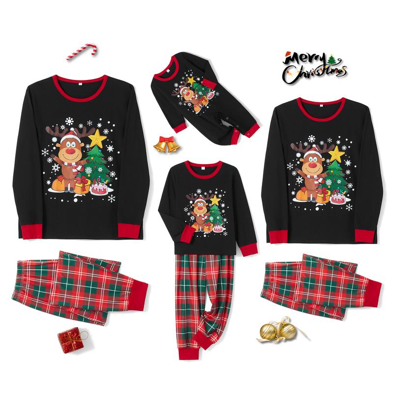 Family Matching Christmas Pajamas,Romper Deer Christmas Tree Print Long Sleeve Tops and Plaid Pants Sleepwear Set Womenswear Comfort Suits family christmas pajamas