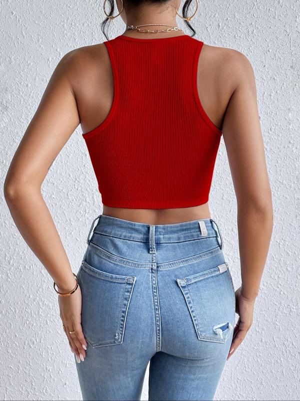 Women's Plain Round Neck Crop Tank Top without Necklace, Casual Sleeveless Ribbed Top for Summer, Women's Clothing for Daily Wear, Going Out Outfits 2024, Downtown Girl Clothes