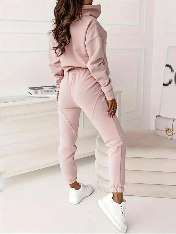 Women's Solid Drop Shoulder Zipper Sweatshirt & Elastic Waist Sweatpants Two-piece Set, Casual Fashion Cozy Two Piece Outfits for Daily Outdoor Wear, Women Clothes for Fall & Winter