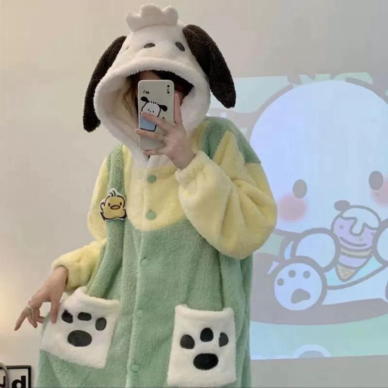 Soft cozy women robe, soft green color with cute dog ears and paws.pochacco