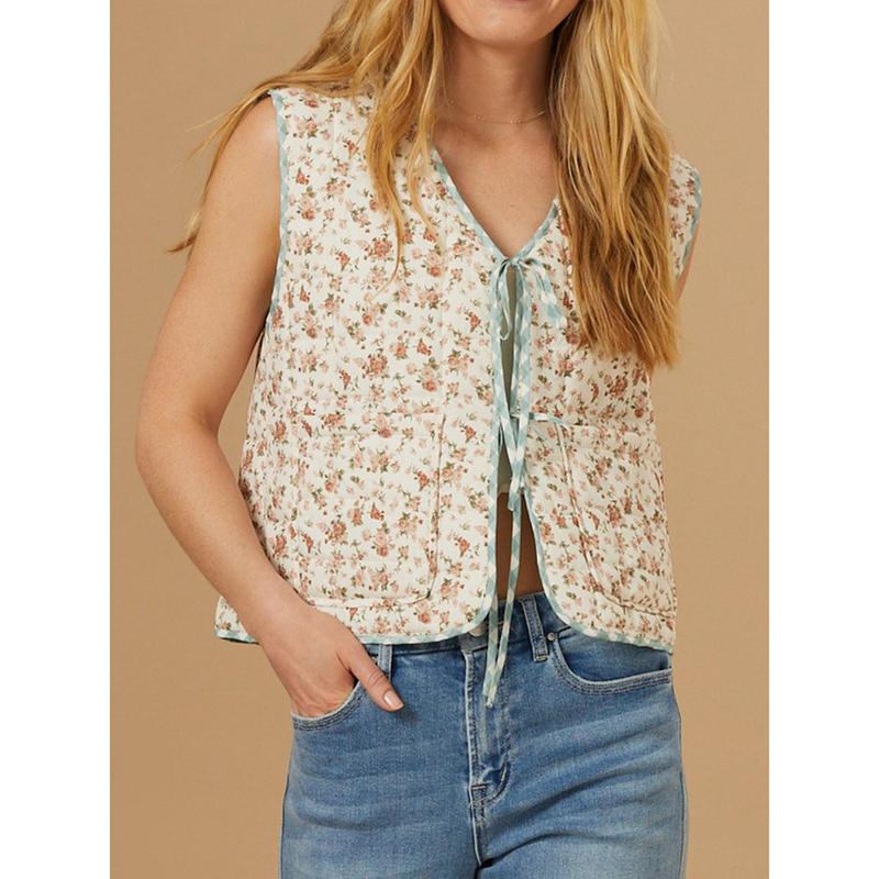 Women's Quilted Cotton Vest Bow Tie Closure Reversible Floral Plaid Print V-Neck Waistcoat Womenswear Sleeveless