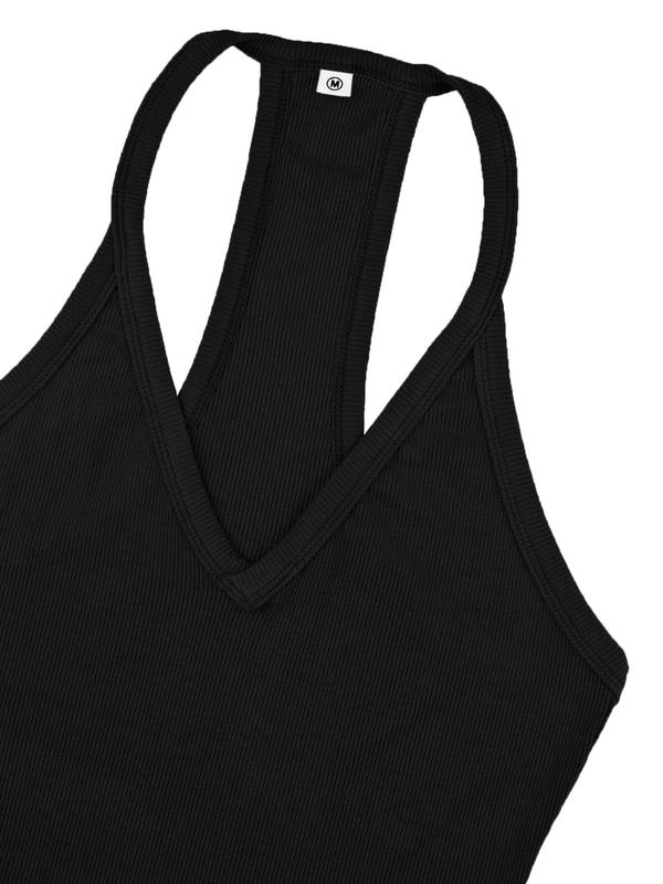 Women's Minimalist Solid Racerback Ribbed V Neck Tank Top, Lady Basic Casual Comfort Sleeveless Top for Daily Wear, Running Vest Tank Tops for Women, Ladies Clothes for All Seasons, Womenswear Tanktop, Black Girl Outfits