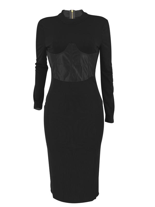 Christmas Deals, Women's Corset Zipper Back Bodycon Dress, Casual Long Sleeve Stand Collar Dress for Daily Wear, Women's Clothing for Fall & Winter, Christmas 2024 Trend, Fall & Winter Clothes