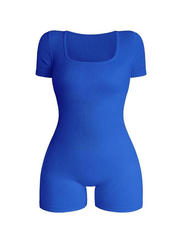 Women's Solid Short Sleeve Sports Bodysuit, Casual Sporty Square Neck Bodycon Bodysuit For Yoga Gym Workout, Ladies Sportswear For All Seasons, Tummy Control