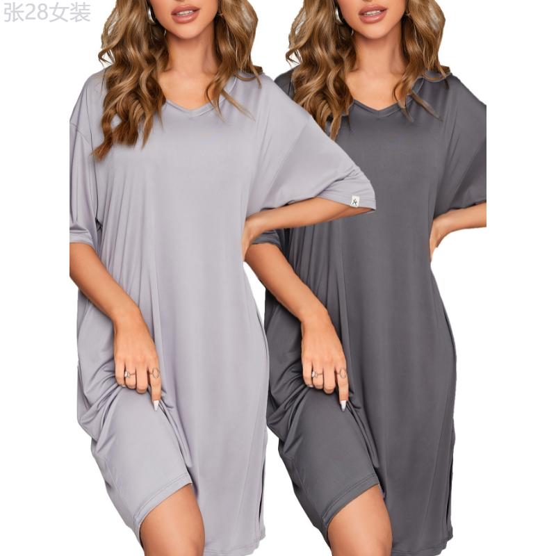 2 Pcs Women's V-Neck Sleepwear Dresses - Casual Style Nightgowns Loungewear, Soft Comfortable Nightshirts Fabric Spandex