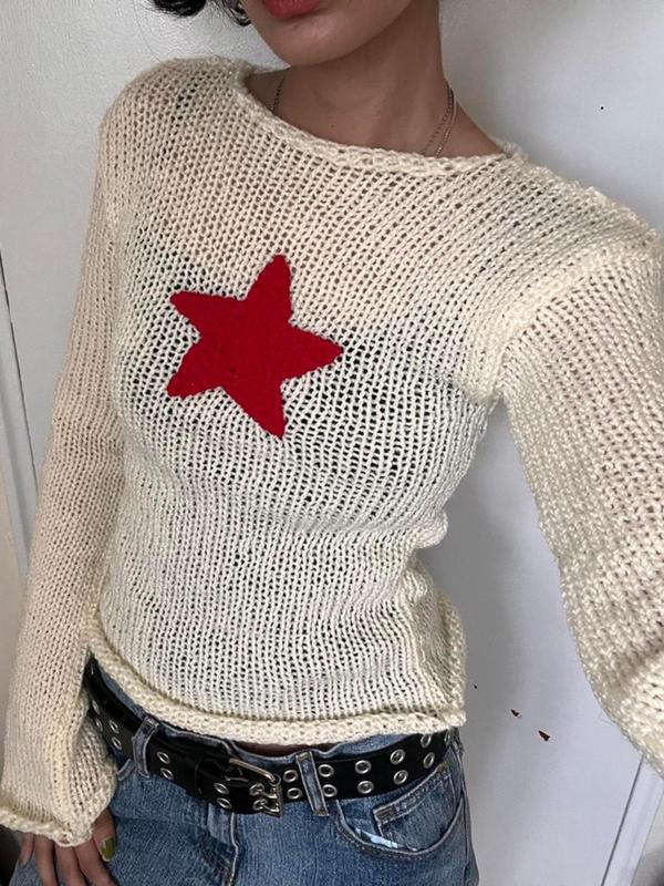 Women's Y2K Star Graphic Drop Shoulder Crop Sweater, Comfortable Womenswear for Lady, Cozy Sweaters, Extra-Long Sleeve Round Neck Jumper For Fall, Women's Knitwear Top, Please Purchase A Size Up, Fall Outfits, Fallfreshness Preppy 80S Clothes