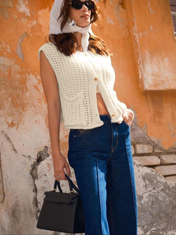 Women's Plain Button Front Pocket Cable Knit Vest Sweater, Casual Sleeveless Round Neck Jumper Vest for Fall, Fashion Women's Knitwear for Daily Wear