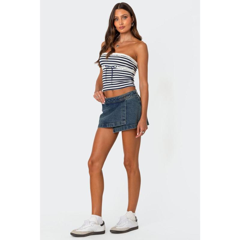 Striped Eyelet Trim Tube Top