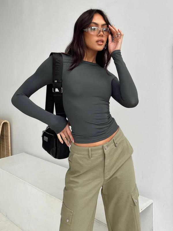 Women's Solid Thermal Underwear Top, Casual Comfy Warm Long Sleeve Round Neck Skinny Top for Fall & Winter, Women's Underwear for Daily Wear