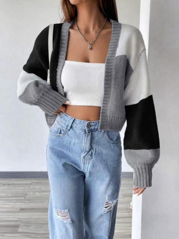 Women's Colorblock Print Drop Shoulder Cardigan, Lady Comfort Going Out Tops, Fall Outfits, Casual Long Sleeve Open Front Knitwear for Fall & Winter, Fashion Ladies' Knit Clothing for Daily Wear