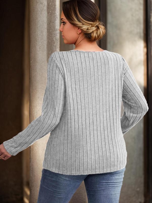 Plus Size Solid V Neck Ribbed Sweater Pullover, Casual Long Sleeve Jumper for Fall & Winter, Women's Plus Clothing for Daily Wear