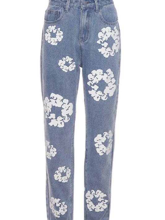 Daisy print high waisted straight Jeans Womenswear Bottom Denim Pants Casual Underwear Lady casual jean