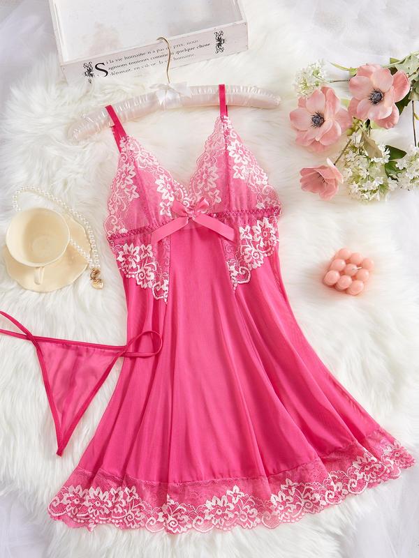 Women's Sheer Sexy Tulle Lingerie Set, Chic Contrast Lace Bow Decor Cami Nightdress & Thong, Ladies Sleepwear Set for All Seasons