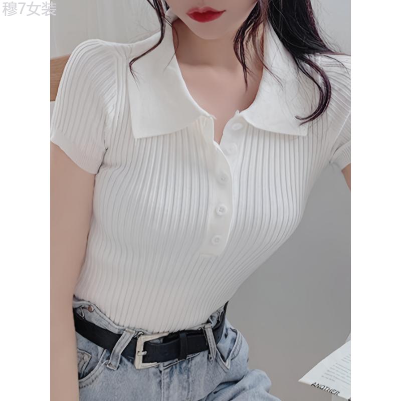 Ribbed Polo Collar Button Front T-Shirt, Casual Short Sleeve Top For Spring & Summer, Women's Clothing Fabric Womenswear