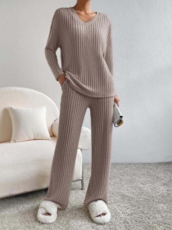 Women's Solid Color Ribbed Drop Shoulder Top & Pants Loungewear Two-piece Set, Casual Comfy Long Sleeve V Neck Top & Trousers Pj Set, Ladies Sleepwear for Spring & Fall, 2 Piece Sets Women, Pajama Sets Women, Lounge Set for Women