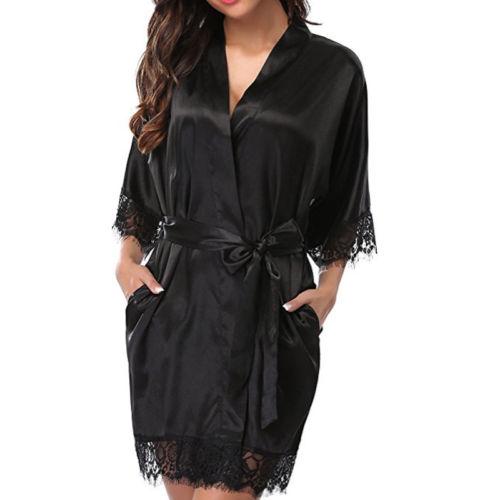 Women's Night Robes, Medium Sleeve Lace Smooth Robes, Bridesmaid Bridal Party Satin Robes, Sleepwear with Removable Waist Belt Satin Belted Loungewear