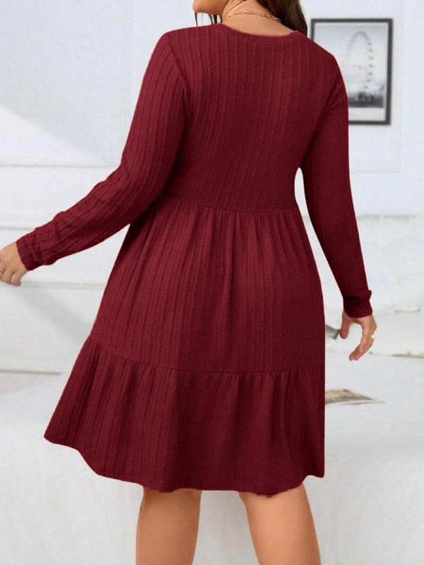 Plus Size Textured Ruffle Hem Pocket A Line Dresses for Women, Elegant Long Sleeve Round Neck Dress for Fall & Winter, Dresses for Women, Birthday Dresses 2024, Gift Set, Plus Size Women's Clothing for Daily Vacation Party