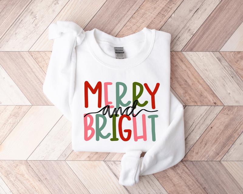 Merry and Bright Christmas Sweatshirt T-Shirt – Colorful Family Christmas Crewneck, Girly Holiday Sweater, Unisex Gift for Her in Full Sizes & Colors, Perfect Festive Top for Holiday Cheer