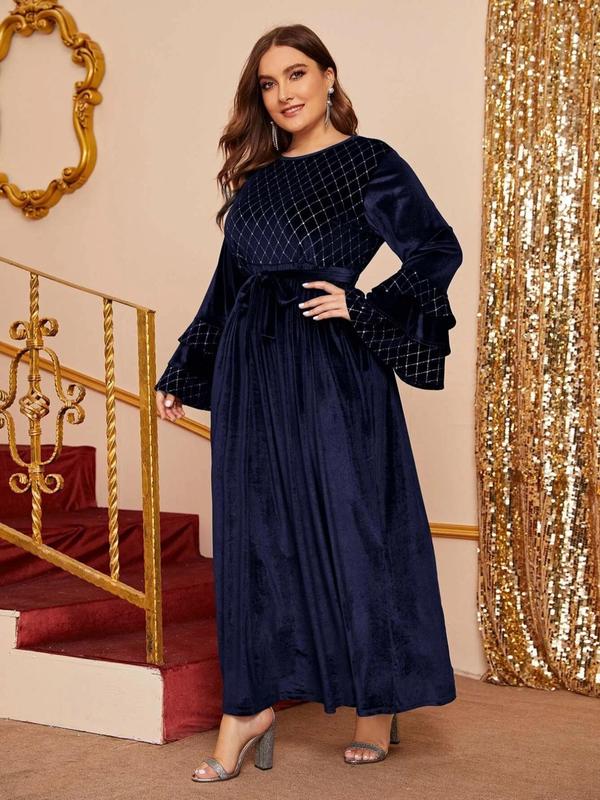  Rhombus Pattern Belted Velvet Dress, Elegant Layered Sleeve Round Neck A Line Dress for Party Evening Formal Occasions, Women's Clothes for Spring & Fall