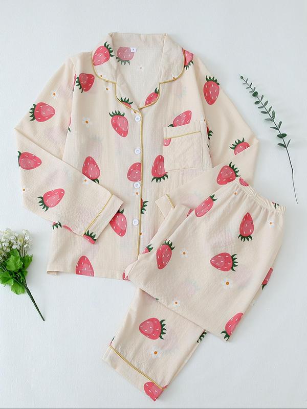 Women's Strawberry Print Lapel Collar Button Front Shirt & Elastic Waist Pants Pyjama Two-piece Set, Casual Long Sleeve Pocket Top & Trousers Pj Set, Pajama Sets Women, Lady Comfort Lounge Set Sleepwear for Spring & Fall, Fall Wear, Fallfreshness