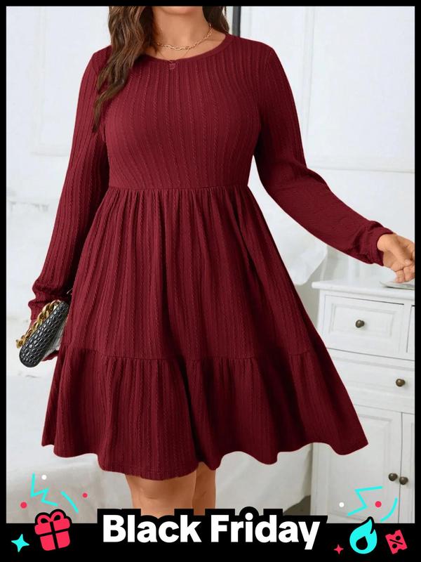 Plus Size Textured Ruffle Hem Pocket A Line Dresses for Women, Elegant Long Sleeve Round Neck Dress for Fall & Winter, Dresses for Women, Birthday Dresses 2024, Gift Set, Plus Size Women's Clothing for Daily Vacation Party