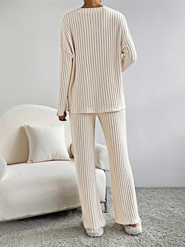 Women's Solid Color Ribbed Drop Shoulder Top & Pants Loungewear Two-piece Set, Casual Comfy Long Sleeve V Neck Top & Trousers Pj Set, Ladies Sleepwear for Spring & Fall, 2 Piece Sets Women, Pajama Sets Women, Lounge Set for Women