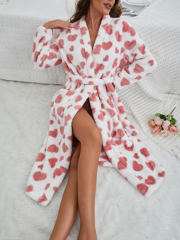 Women's Heart Print Belted Pocket Lounge Robe, Casual Long Sleeve V Neck Warm Robe, Ladies Sleepwear for Fall & Winter