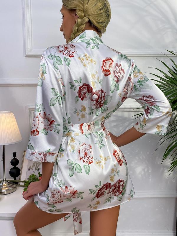 Women's Floral Print Belted Soft Satin PJ Robe, Summer Clothes Women, Elegant 3 4 Sleeve PJ Loungewear For Spring & Summer, Fashion Casual Women's Sleepwear For Indoor Wear