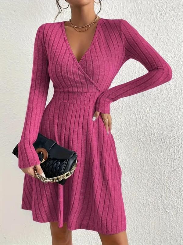 Women's Plain V Neck Wrap A Line Dress, Homecoming Dresses, Elegant Long Sleeve Surplice Neck Dress for Fall & Winter, Ladies Clothes for Daily Vacation Party, Fall Outfits, Fallfreshness Clothes