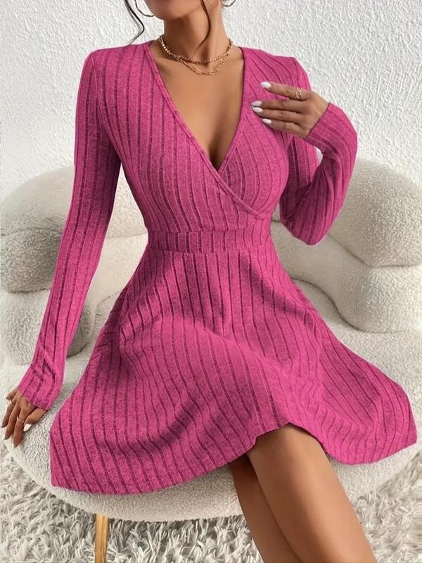 Women's Plain V Neck Wrap A Line Dress, Homecoming Dresses, Elegant Long Sleeve Surplice Neck Dress for Fall & Winter, Ladies Clothes for Daily Vacation Party, Fall Outfits, Fallfreshness Clothes