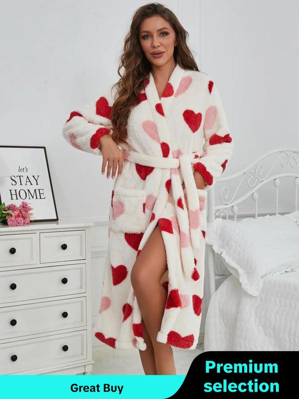 Women's Heart Print Belted Pocket Lounge Robe, Casual Long Sleeve V Neck Warm Robe, Ladies Sleepwear for Fall & Winter