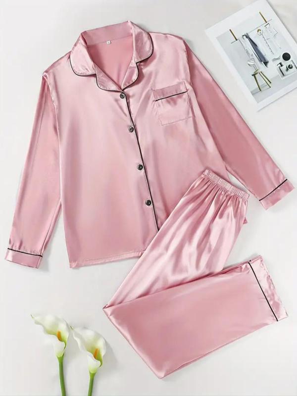 Two-Piece Set Women's Solid Contrast Binding Satin Pajamas, Lounge Sets, Long Sleeve Lapel Button Front Shirt & Elastic Waist Pants PJ Set, Casual Comfortable Sleepwear Set for Women