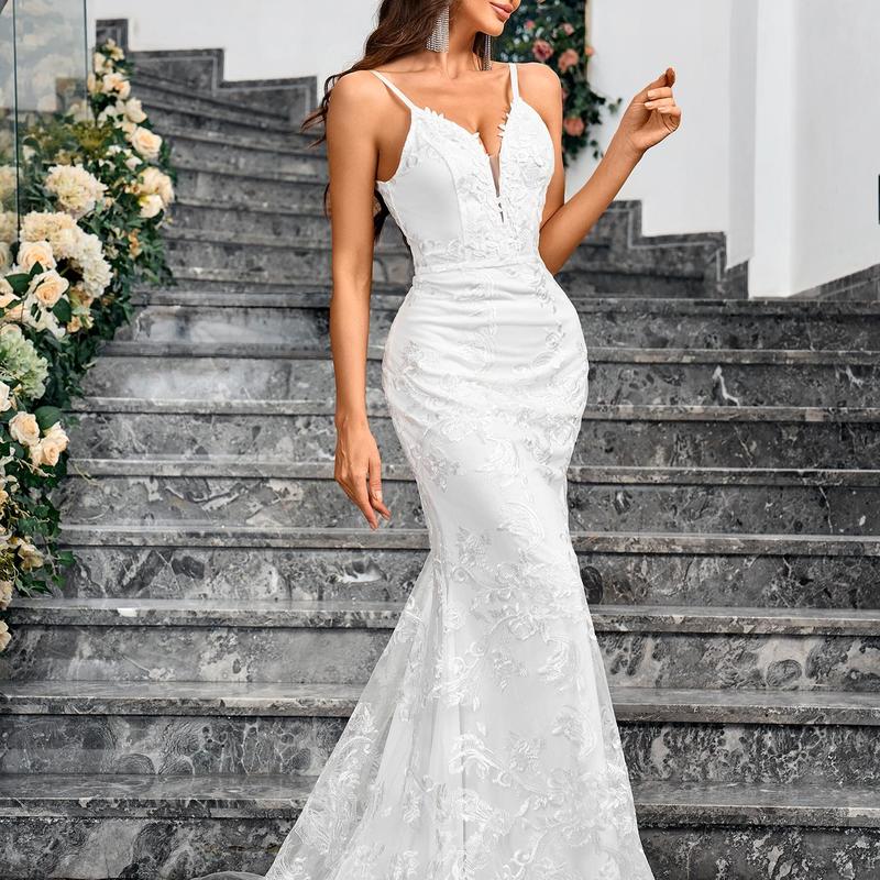 Ladies Sleeveless Camisole V-neck Sequined Mermaid White Wedding Dress Backless Lace Floor Length Evening Gown Sweetheart Sequin Women's Sexy Fabric Fashion Formal Spaghetti Strap Formal Spaghetti Strap Formal Spaghetti Strap