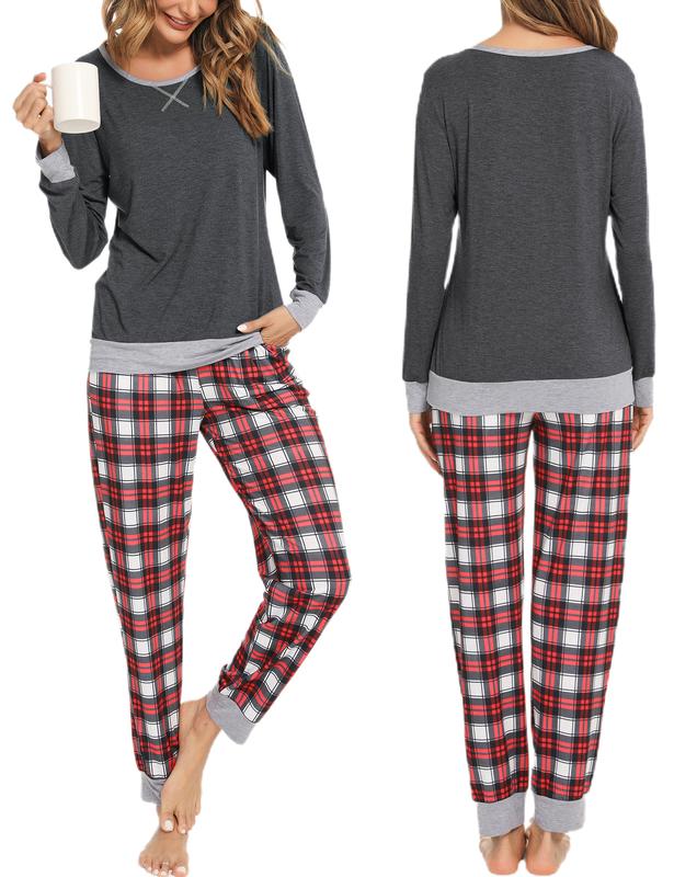 SWOMOG Men & Women Pajama Sets for  Long Sleeve Sleepwear Plaid Pants Loungewear Set with Pockets Comfortable Fabric Womenswear