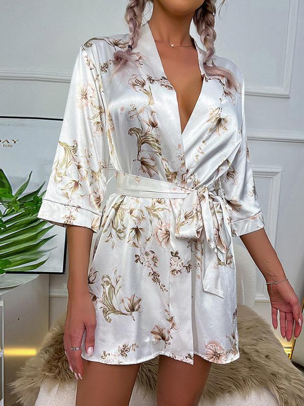 Women's Floral Print Belted Soft Satin PJ Robe, Summer Clothes Women, Elegant 3 4 Sleeve PJ Loungewear For Spring & Summer, Fashion Casual Women's Sleepwear For Indoor Wear