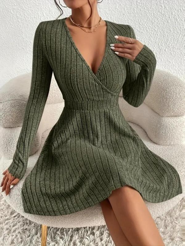 Women's Plain V Neck Wrap A Line Dress, Homecoming Dresses, Elegant Long Sleeve Surplice Neck Dress for Fall & Winter, Ladies Clothes for Daily Vacation Party, Fall Outfits, Fallfreshness Clothes