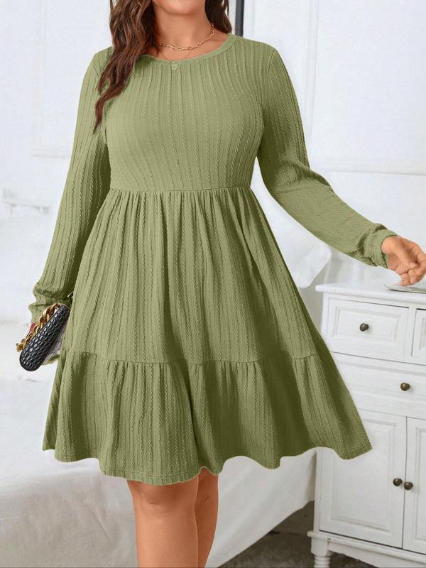 Plus Size Textured Ruffle Hem Pocket A Line Dresses for Women, Elegant Long Sleeve Round Neck Dress for Fall & Winter, Dresses for Women, Birthday Dresses 2024, Gift Set, Plus Size Women's Clothing for Daily Vacation Party