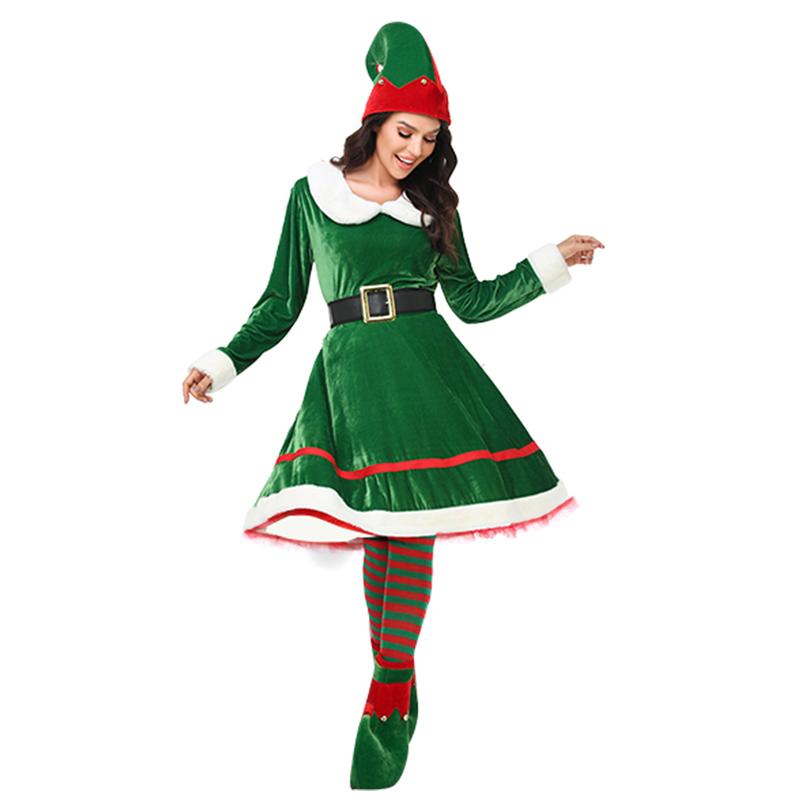 Women Christmas Elf Costume Set Velvet Dress Belt Striped Over Knee High Socks Elf Hat Shoes for Cosplay Skirt + Belt