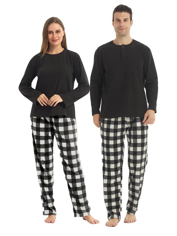 Couple's Christmas Theme Plaid Print Pajama Two-piece Set, Casual Comfy Long Sleeve Top & Drawstring Waist Pants PJ Set, Couple Sleepwear for Fall & Winter Halloween Pajamas