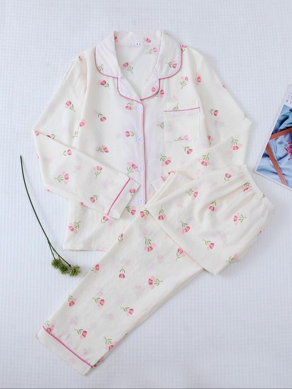 Women's Strawberry Print Lapel Collar Button Front Shirt & Elastic Waist Pants Pyjama Two-piece Set, Casual Long Sleeve Pocket Top & Trousers Pj Set, Pajama Sets Women, Lady Comfort Lounge Set Sleepwear for Spring & Fall, Fall Wear, Fallfreshness