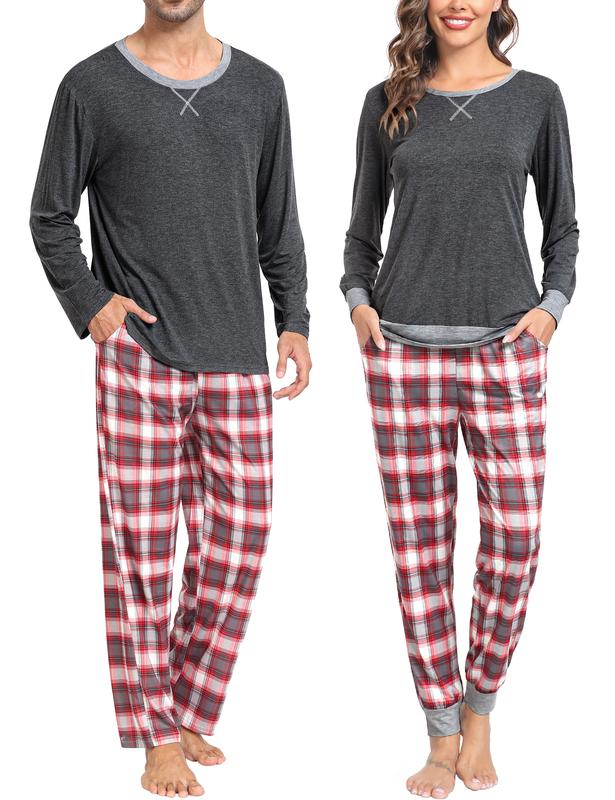 SWOMOG Men & Women Pajama Sets for  Long Sleeve Sleepwear Plaid Pants Loungewear Set with Pockets Comfortable Fabric Womenswear